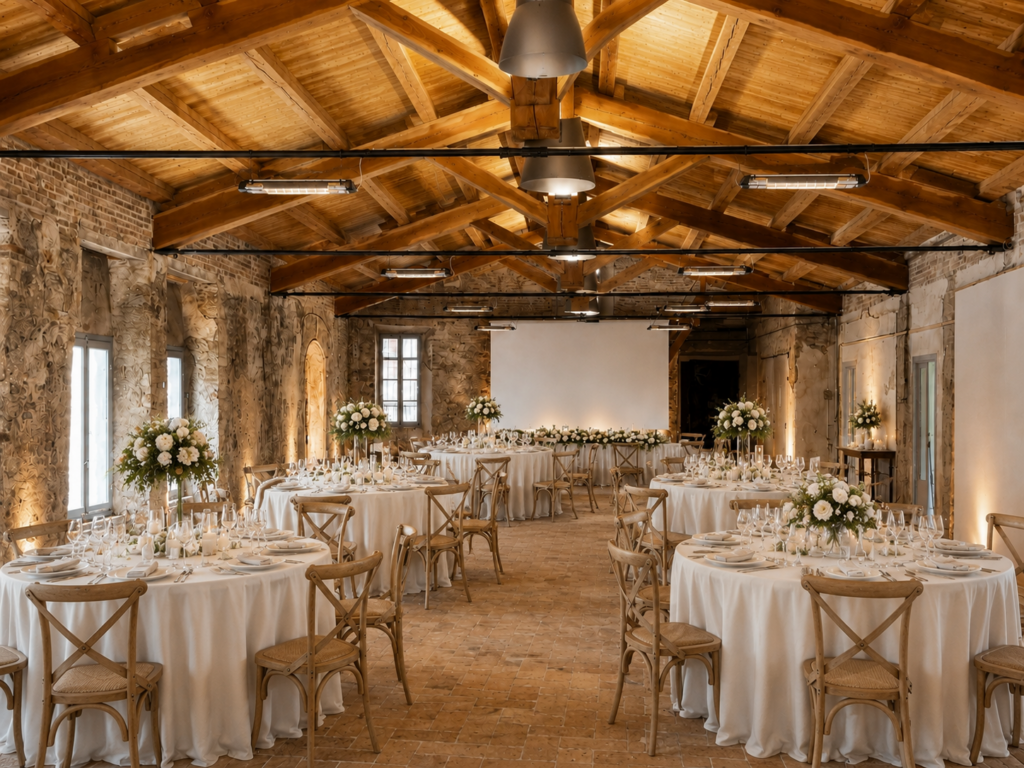 Sala dell'Ex Lanificio Carotti allestita per un matrimonio, con tavoli rotondi, centrotavola floreali e sedie in legno sotto le capriate