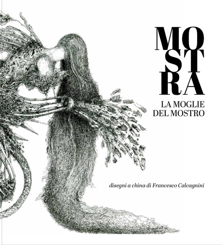 Copertina del catalogo: il disegno della figura con il mazzo di forme e il titolo MOSTRA. La moglie del mostro.