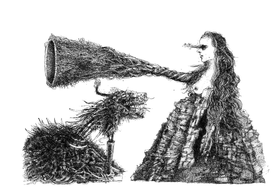 Disegno a china: una figura femminile in abito lungo soffia dentro una tromba rivolta verso un cespuglio di segni.