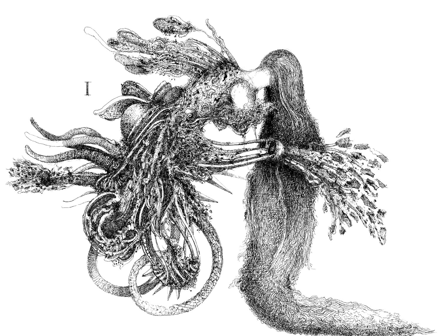 Disegno a china di Francesco Calcagnini: una figura femminile dai capelli lunghissimi stringe un mazzo di forme vegetali e meccaniche.